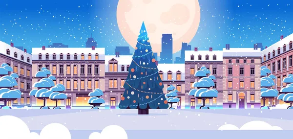 Kış kenti caddesi süslenmiş Noel ağacı ve modern evlerle yeni yıl kutlaması konsepti şehir manzarası