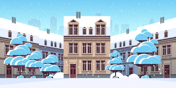 Улица зимнего города с современными домами внешние городские здания фасад горизонтальный городской пейзаж — стоковый вектор