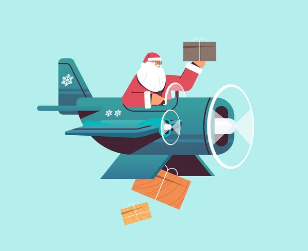Άγιος Βασίλης που φέρουν αεροπλάνο με δώρα Καλά Χριστούγεννα Καλή Πρωτοχρονιά γιορτές χειμερινές διακοπές — Διανυσματικό Αρχείο