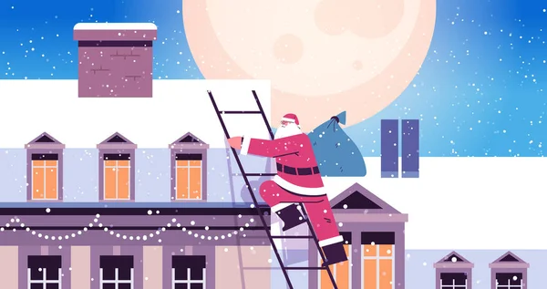 Santa Claus lezení na střechu domu budova veselé Vánoce šťastný nový rok zimní prázdniny oslavy — Stockový vektor