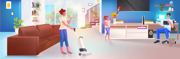 Genitori con bambini pulizia soggiorno genitorialità amichevole concetto di famiglia a tutta lunghezza — Vettoriale Stock