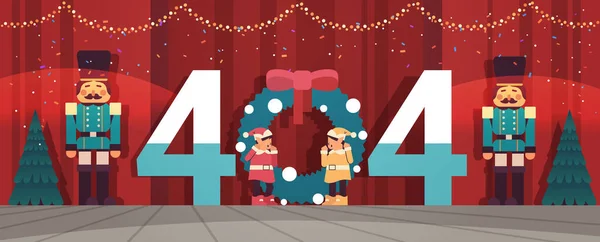 Elfen voor te bereiden op nieuwjaar en kerstvakantie viering 404 pagina niet gevonden concept — Stockvector