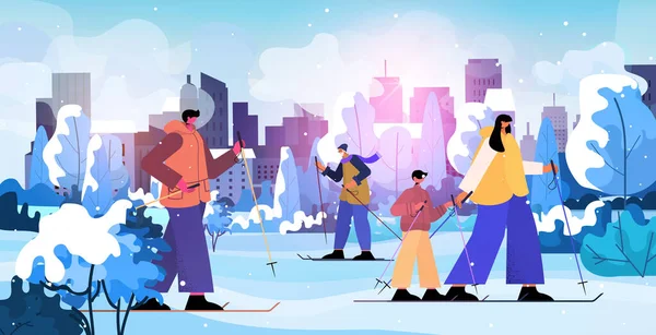 Orang bermain ski di taman kegiatan liburan musim dingin konsep latar belakang pemandangan kota - Stok Vektor