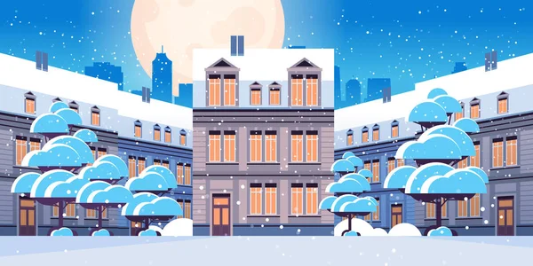 Night winter city street with modern houses exterior urban buildings facade horizontal cityscape background — Stock Vector