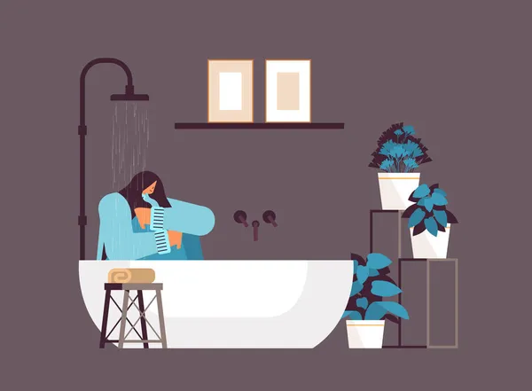 Infelice donna depressa seduta nella doccia ragazza sensazione disperata e solitaria malattie mentali depressione — Vettoriale Stock