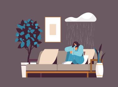 Mutsuz bir kadın yağmur altında kanepede oturuyor. Kız çaresiz ve yalnız hissediyor. Akıl sağlığı hastalıkları depresyonda.