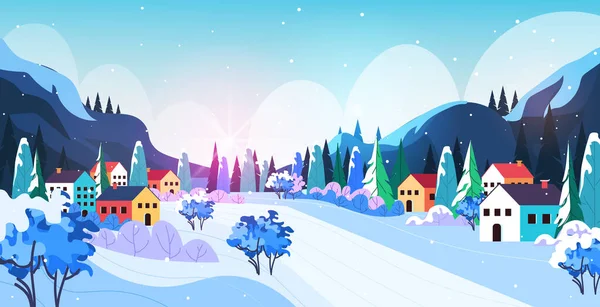 Colorful cottages in ski resort winter landscape background — Stock Vector