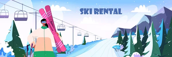 Narciarz kobieta gospodarstwa narty sportowiec narciarstwo robi działania Boże Narodzenie Nowy rok wakacje uroczystości zima wakacje — Wektor stockowy