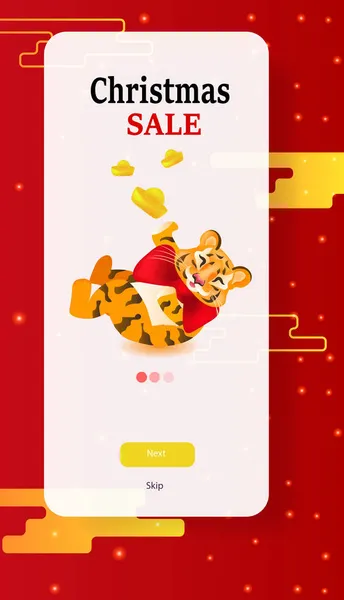 Cute tiger having fun new year christmas holidays sale greeting card vertical — Stock Vector