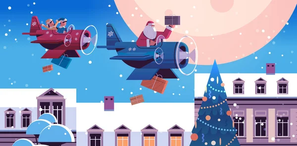 Tomtenisse med jultomten flyger flygplan med gåvor god jul gott nytt år vinter semester firande koncept — Stock vektor