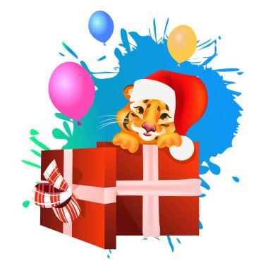 Şirin kaplan hediyelerini tutuyor Mutlu yıllar Noel kutlaması tebrik kartı