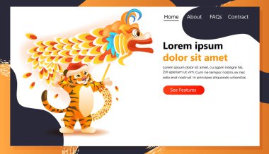 Çin 'de kaplan ikonu burcunun yeni yılı. Asyalı tebrik kartı davetiyesi posterinin yatay hali.