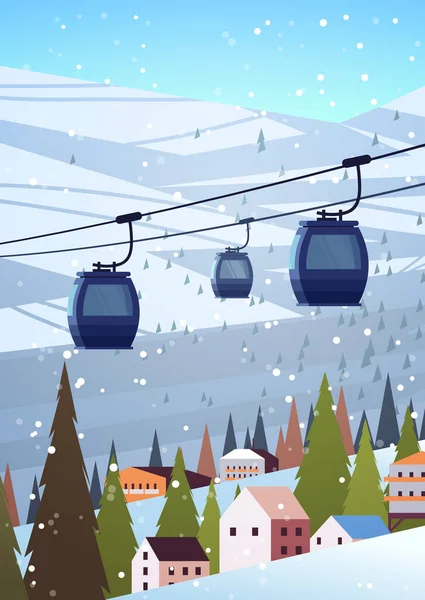 Teleférico en las montañas nevadas casas residenciales zona estación de esquí navidad año nuevo vacaciones celebración invierno — Vector de stock