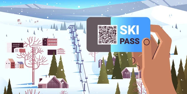 Ręka ludzka za pomocą aplikacji skipass na ekranie smartfona zimowe wakacje koncepcja śnieżne góry krajobraz — Wektor stockowy