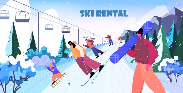 Άνθρωποι σκι snowboarding άνδρες γυναίκες που κάνουν χειμερινές δραστηριότητες Χριστούγεννα Πρωτοχρονιά διακοπές γιορτή σκι ενοικίαση — Διανυσματικό Αρχείο