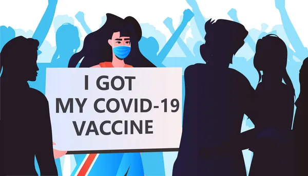 Oltott nő tiltakozó oltás után gazdaság kaptam a covid-19 vakcina sikeres vakcinázás koncepció — Stock Vector