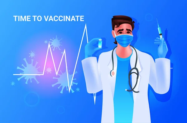 Lekarz w masce trzymający strzykawkę i fiolkę ze szczepionką przeciw wirusowi koronawirusowemu przeciw koncepcji covid-19 — Wektor stockowy