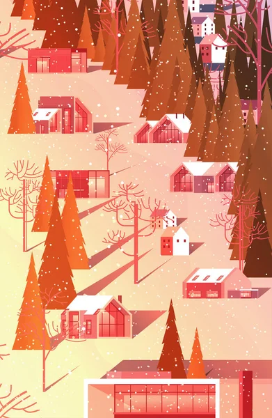 Edificios cubiertos de nieve en invierno temporada casas residenciales zona estación de esquí concepto de año nuevo y la celebración de Navidad — Vector de stock