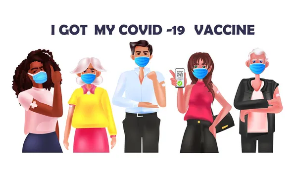 Vakcinázott keverék emberek vakcinázás után megkaptam a kovid-19 vakcina sikeres vakcinázás koncepcióját. — Stock Vector