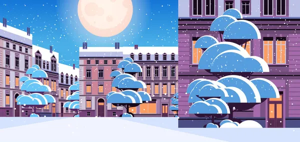 Ночная улица зимнего города с современными домами внешние городские здания фасад горизонтальный городской пейзаж — стоковый вектор