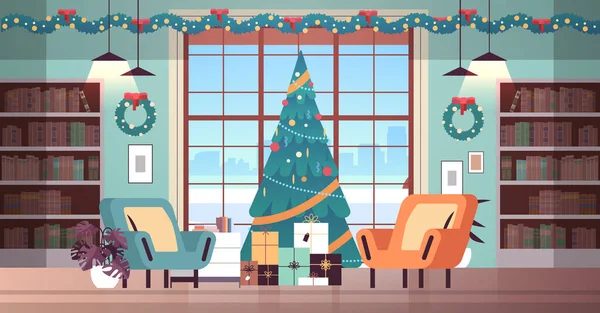 Aconchegante feriado ano novo decorado sala de estar interior com árvore de Natal e presentes horizontais — Vetor de Stock