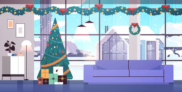 Затишне новорічне свято, прикрашене інтер'єром вітальні з ялинкою та подарунками горизонтальними — стоковий вектор