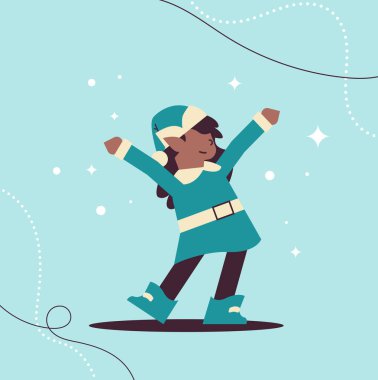 Üniformalı kadın elf Afro-Amerikan kız Noel Baba yardımcısının mutlu noeller kutlamasını yapıyor.