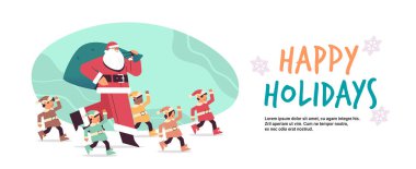 Noel Baba melez ırk elfleriyle birlikte duruyor. Mutlu yıllar. Mutlu noeller.