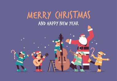 Noel Baba melez ırk elfleriyle birlikte duruyor. Mutlu yıllar. Mutlu noeller.