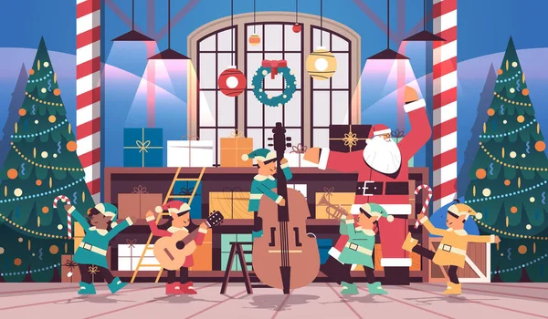 Elfos com instrumentos musicais Papai Noel ajudantes equipe tocando guitarra e trompete feliz ano novo Natal feriados celebração — Vetor de Stock