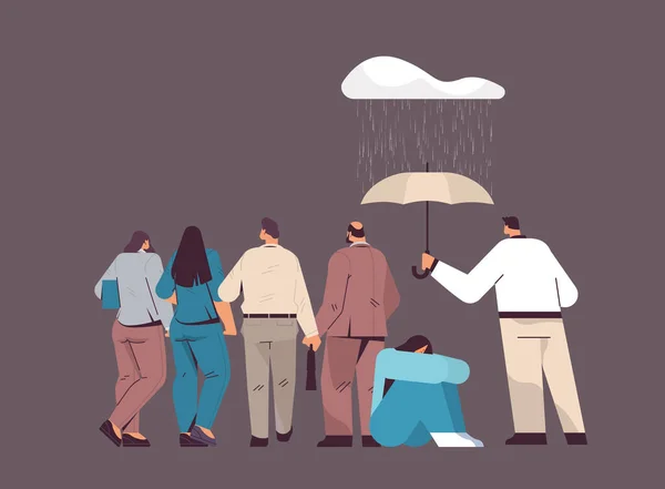 Hombre sosteniendo un paraguas para proteger a la mujer triste de la lluvia enfermedades de salud mental desempleo depresión estrés — Archivo Imágenes Vectoriales