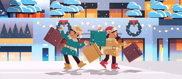 Elfos com compras se preparando para o ano novo e Natal feriados celebração santa ajudantes segurando caixas de compras — Vetor de Stock