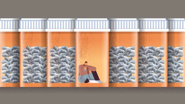Adicto a las drogas hombre sentado en la botella tubos de plástico con pastillas medicina concepto de adicción — Vector de stock