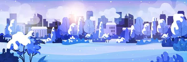 Parque urbano nevado paisagem urbana fundo feliz natal feliz ano novo cartão de saudação horizontal — Vetor de Stock