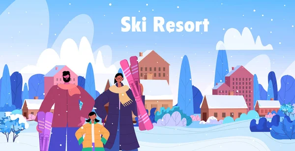 크리스마스 연휴 스키 리조트 컨벤션에 가족들이 함께 모여 겨울철 휴가를 즐기고 있다. — 스톡 벡터
