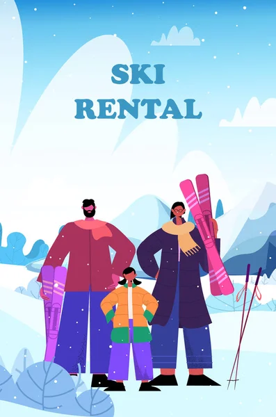 Esquiadores família pé juntos atividades de férias de inverno Natal ano novo feriados celebração conceito resort de esqui — Vetor de Stock