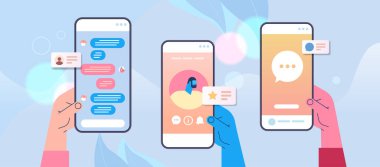 Akıllı telefon ekranlarında mobil sohbet uygulamaları kullanan eller çevrimiçi iletişim konuşan konuşma diyaloğu