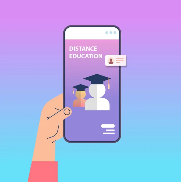 Menselijke hand met behulp van mobiele educatieve app op smartphone scherm online onderwijs concept — Stockvector