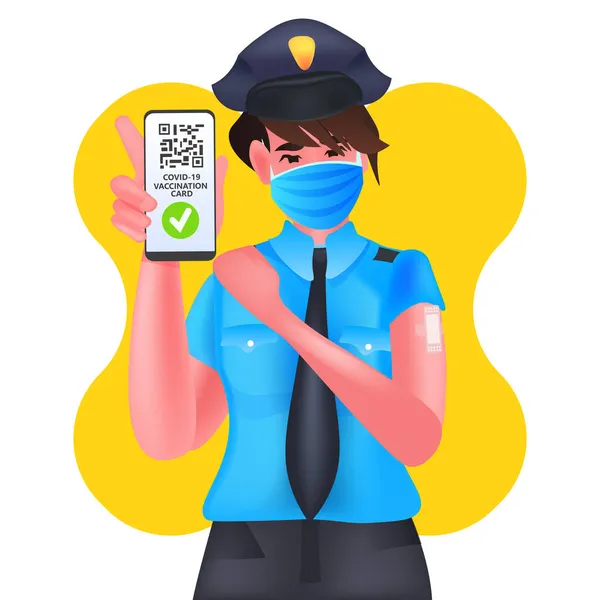 Mujer policía vacunada con pasaporte de inmunidad digital con código qr en la pantalla del teléfono inteligente exitosa vacunación covid-19 — Vector de stock