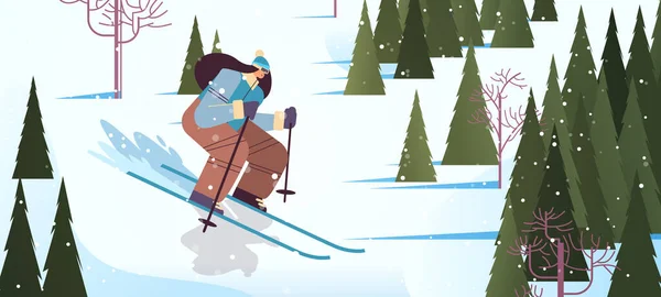 Σκιέρ γυναίκα ολίσθηση κάτω σπορ σκι κάνοντας δραστηριότητες χειμερινές διακοπές έννοια χιονόπτωση τοπίο — Διανυσματικό Αρχείο
