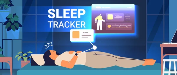 Jovem mulher dormindo na cama com relógio inteligente eletrônico aplicativo rastreador na qualidade da mão e controle de sono quantidade — Vetor de Stock