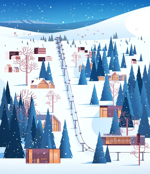 Cableway in snowy mountains residential houses area ski resort christmas new year holidays celebration winter vacation — Stock Vector