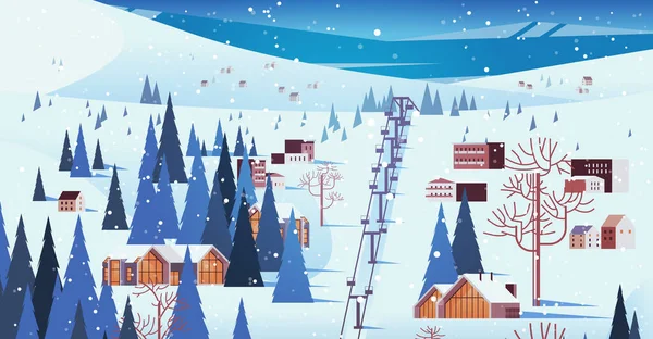 Téléphérique dans les montagnes enneigées domaine résidentiel maisons domaine de ski Noël nouvel an vacances célébration vacances d'hiver — Image vectorielle