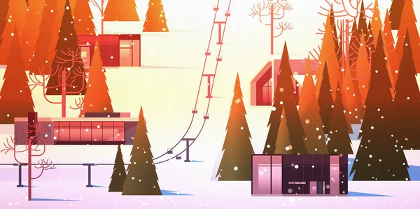 Cabo em montanhas nevadas casas residenciais área de esqui resort natal ano novo feriados celebração inverno férias — Vetor de Stock