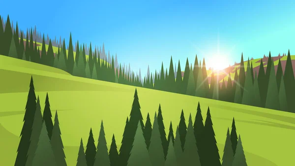 여름 방학 때푸른 잔디 소나무와 전나무 스키 리조트가 있는 산아름다운 풍경 — 스톡 벡터