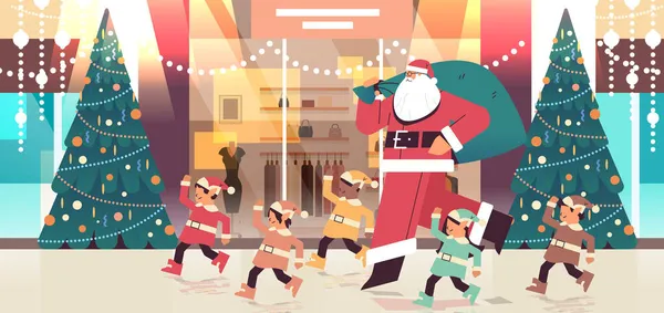 Santa claus com mistura de elfos corrida preparando-se para o ano novo e Natal feriados celebração moderna shopping center — Vetor de Stock