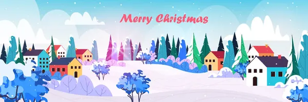 Coloridas cabañas en estación de esquí paisaje de invierno fondo Navidad año nuevo vacaciones celebración tarjeta de felicitación — Vector de stock