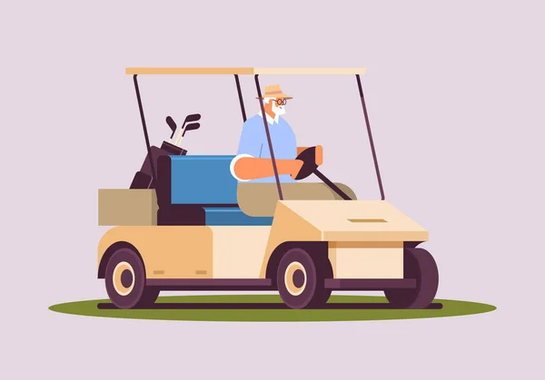 Senior hombre conducción buggy en campo de golf activo viejo concepto horizontal — Vector de stock