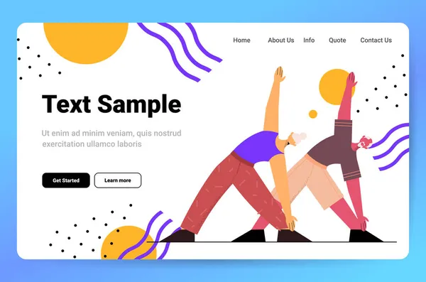 Senior man kvinna gör yoga fitness övningar träning hälsosam livsstil aktiv ålderdom koncept horisontell — Stock vektor