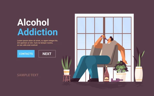 Boldogtalan szomorú férfi ivó alkoholista egyedül depressziós függő részeg fickó problémái alkohol függőség alkoholizmus — Stock Vector